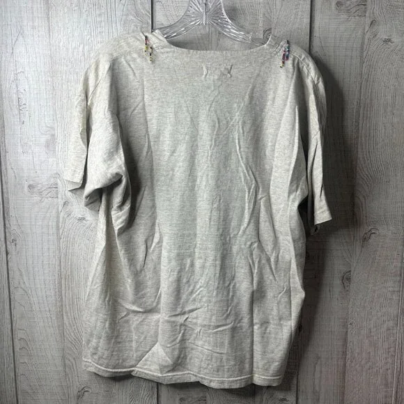 Vintage Unique Beaded Elephants Womens M V Neck Shirt Beige Artsy Crochet Trim - Picture 2 of 7